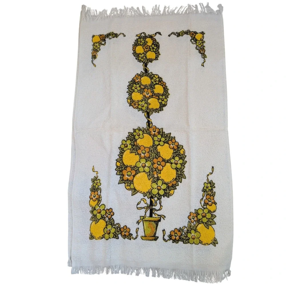 Vintage Startex Super Terry Hand‎ Towels Set 3 Fruit Topiary Orange Lemon Fringe